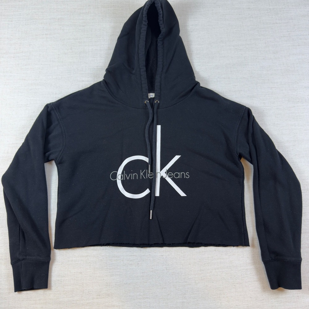Calvin Klein Jeans Black Cropped Hoodie CK Logo Raw Hem Small 1666